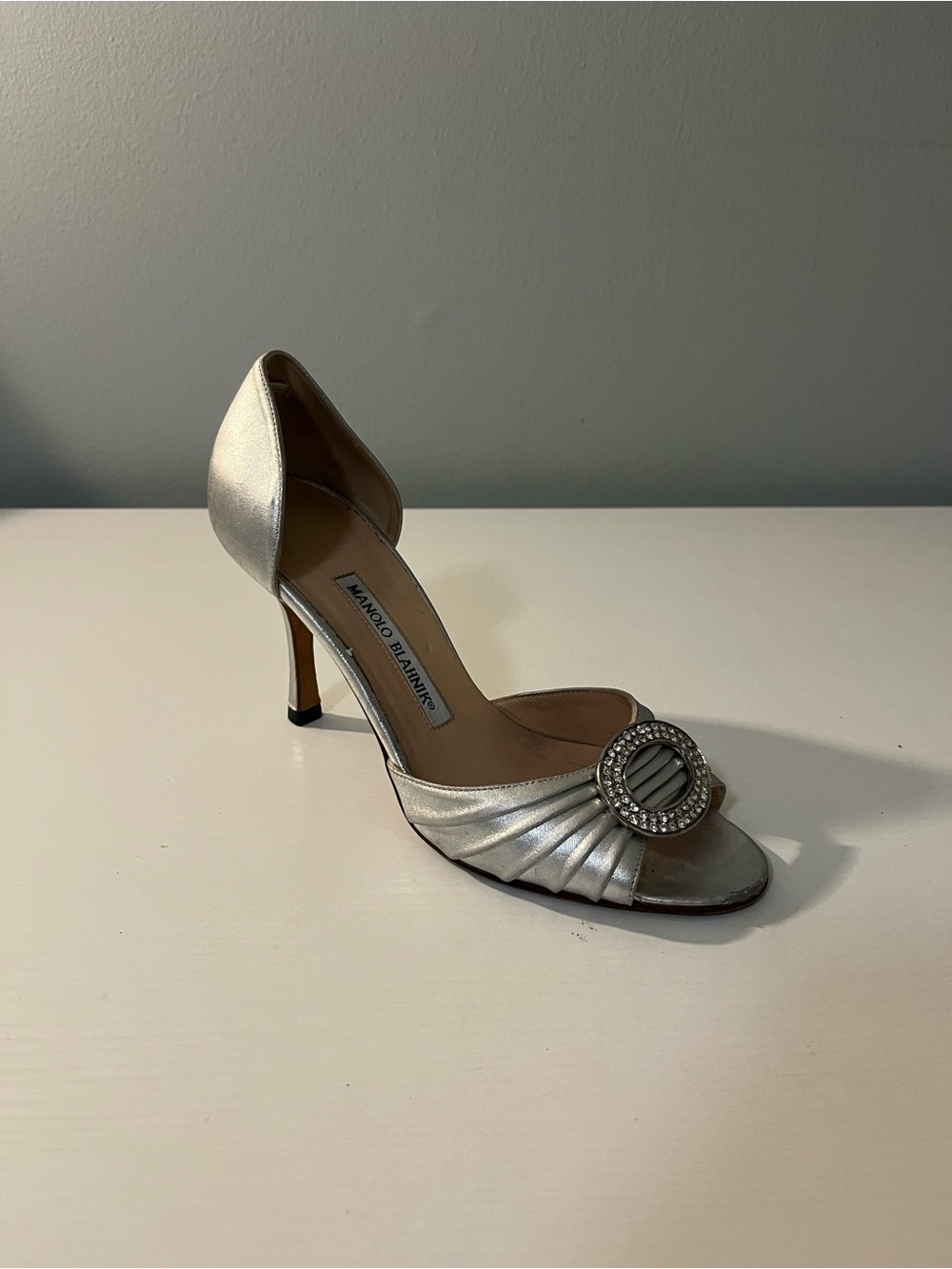 Manolo Blahnik Silver Open-Toe D'Orsay Pump with Crystal Buckle